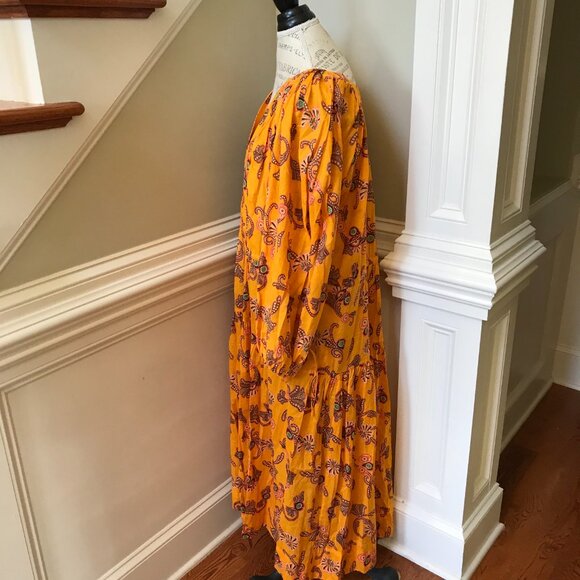 ALC Sayer Midi Dress Womens 14 Yellow Long Sleeve Print Cotton Voile V-Neck - Picture 9 of 13